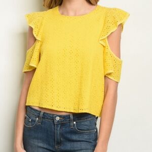 Yellow Eyelet Lace Split-Shoulder Top